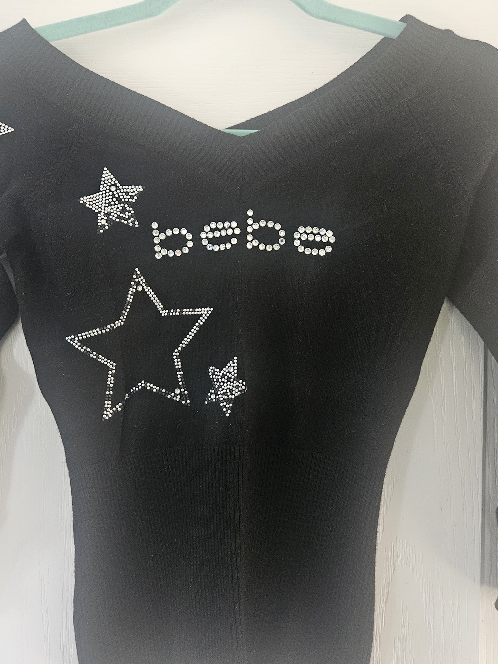 Vintage bebe Black Rhinestone Star V-Neck Sweater Top